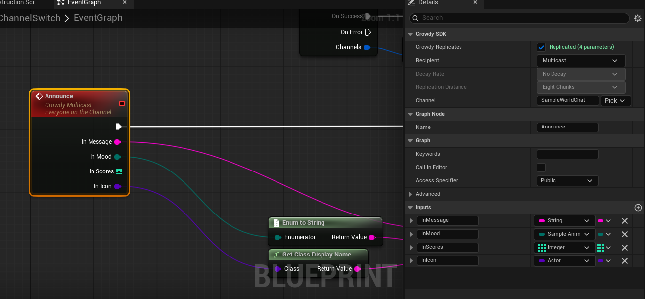 Announce Custom Event with four inputs, Recipient set to Multicast and Channel set to SampleWorldChat