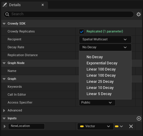Decay Rate dropdown on a replicated Custom Event