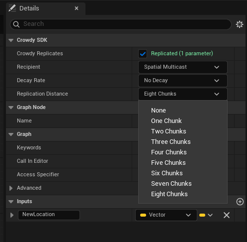 Replication Distance dropdown on a replicated Custom Event