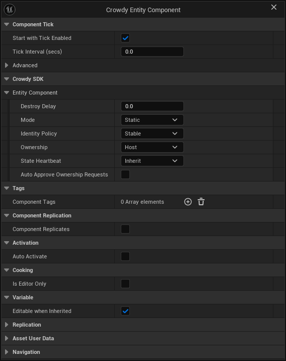 The entity component's Details panel