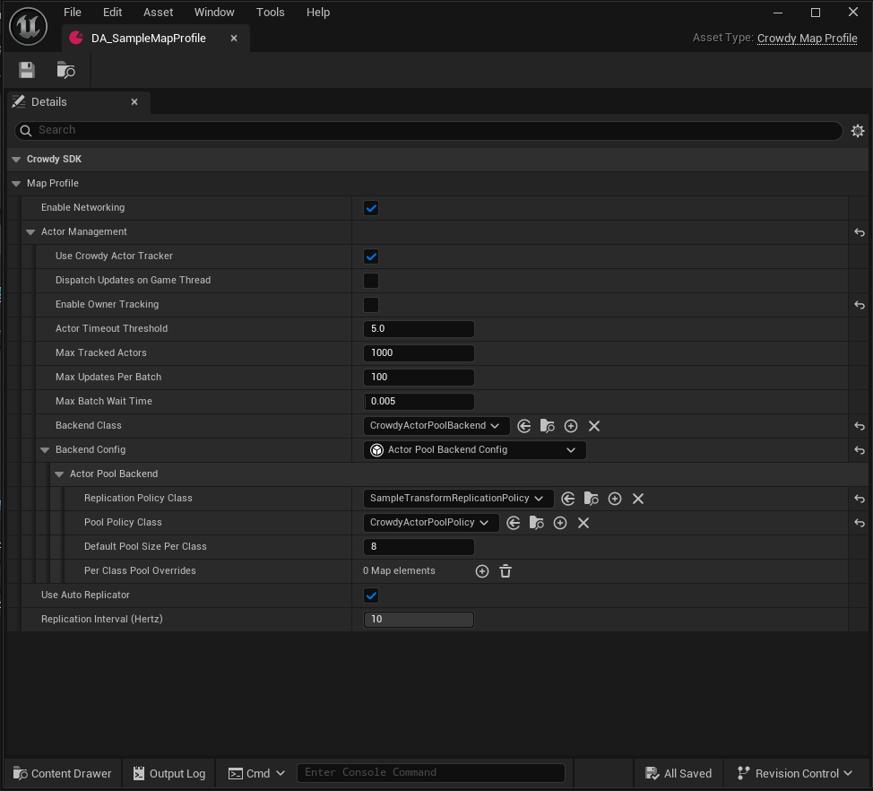 Map profile data asset in the details panel