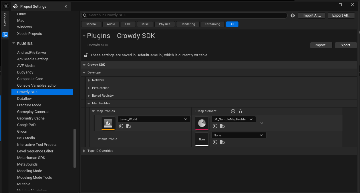 Map Profiles section in Project Settings
