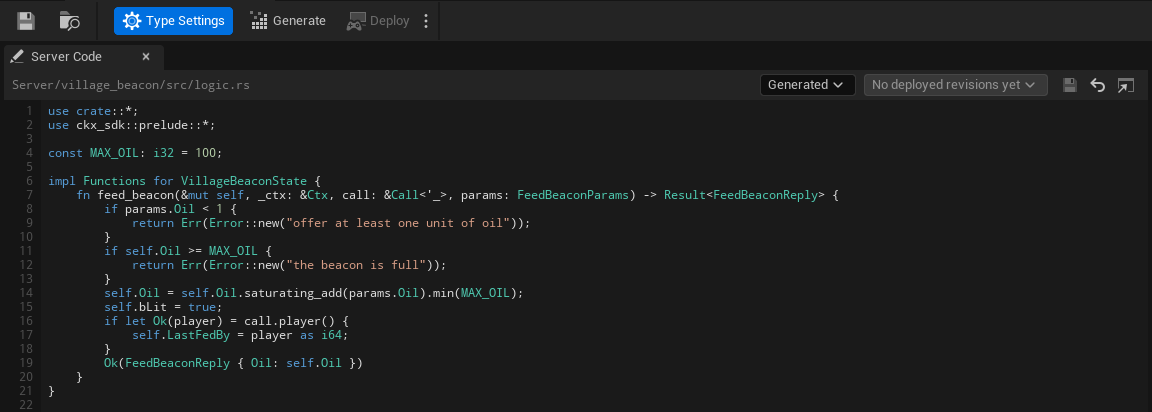 The Server Code tab: the logic.rs path, the Generated choice, revisions, Save and Revert, and the beacon's logic.rs