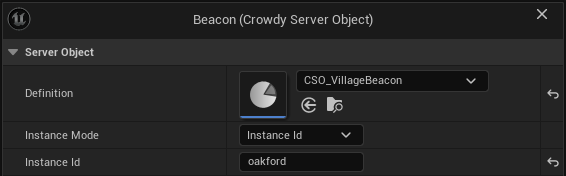 The Crowdy Server Object component: Definition CSO_VillageBeacon, Instance Mode Instance Id, Instance Id oakford