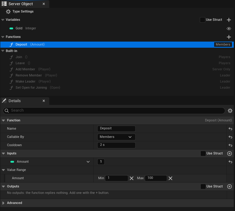 guild_hall's Deposit: Callable By Members, Cooldown 2 s, and the Amount input's Value Range of 1 to 100