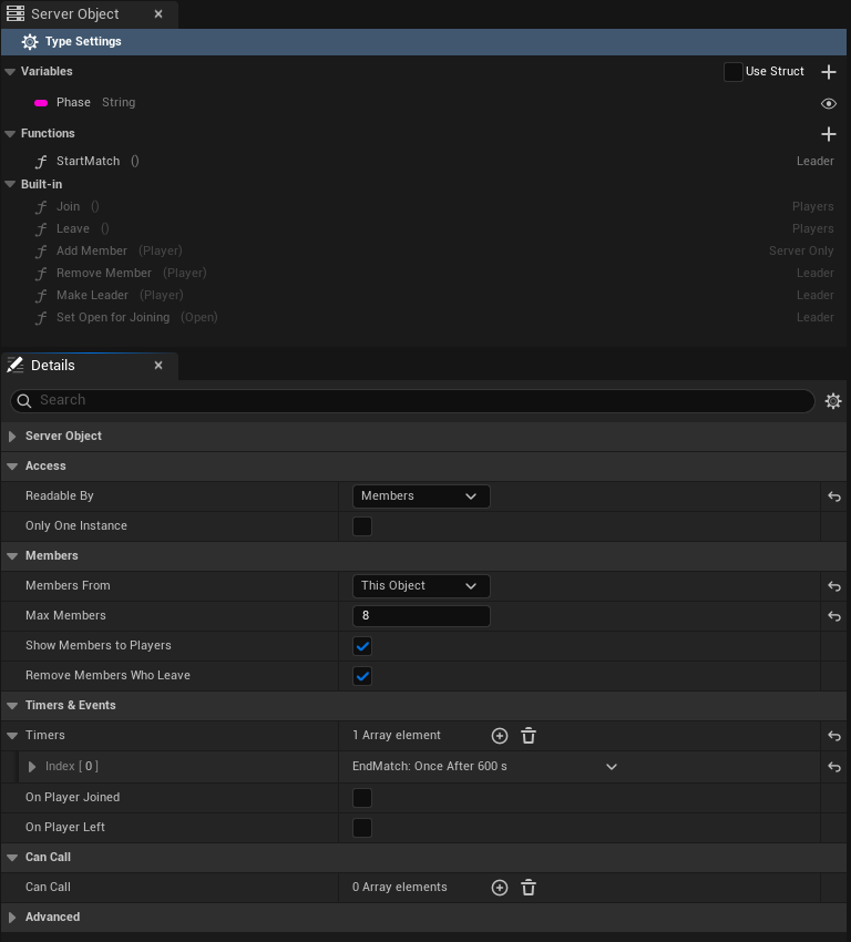 arena_match: the greyed Built-in functions, Readable By Members, Members From This Object, Max Members 8 and one Timer