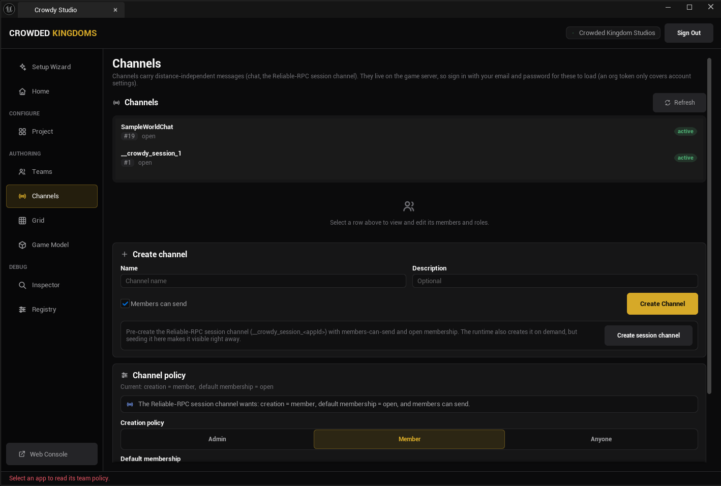 Crowdy Studio Channels page showing the channel list and member management