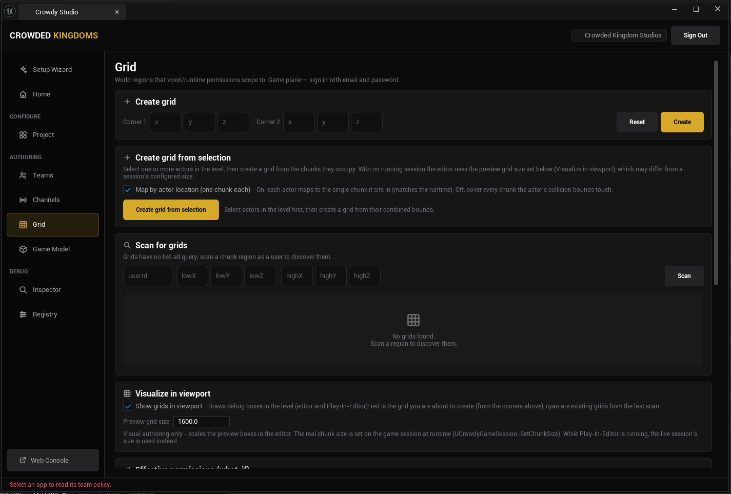 Crowdy Studio Grid page showing a grid definition and its permission list