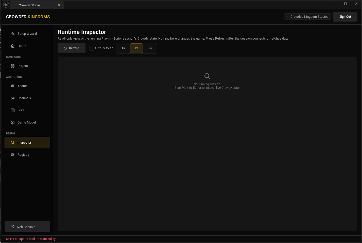 Crowdy Studio Inspector page during a Play in Editor session