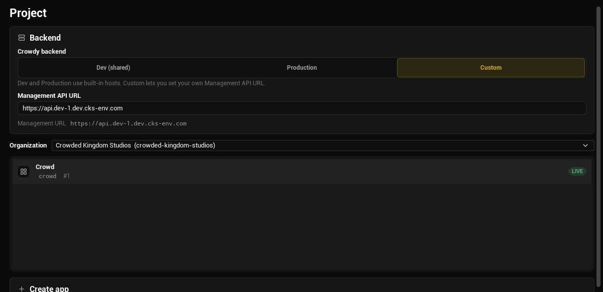 Project page with organization and app selectors