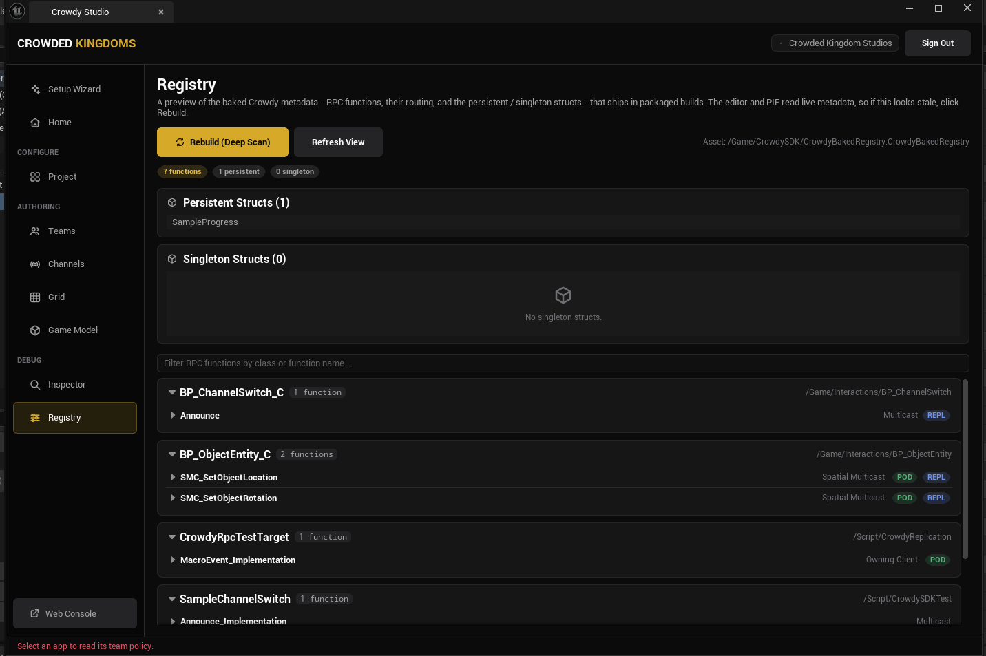 Crowdy Studio Registry page with the Rebuild button
