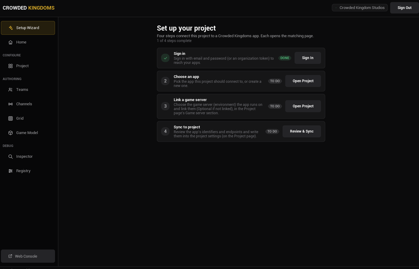 Setup Wizard guiding through sign in, app selection, and sync