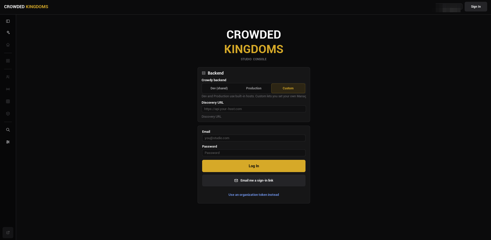 The Sign In page: backend selector, email and password, sign-in link, organization token; the provider buttons appear above the form when the backend offers them