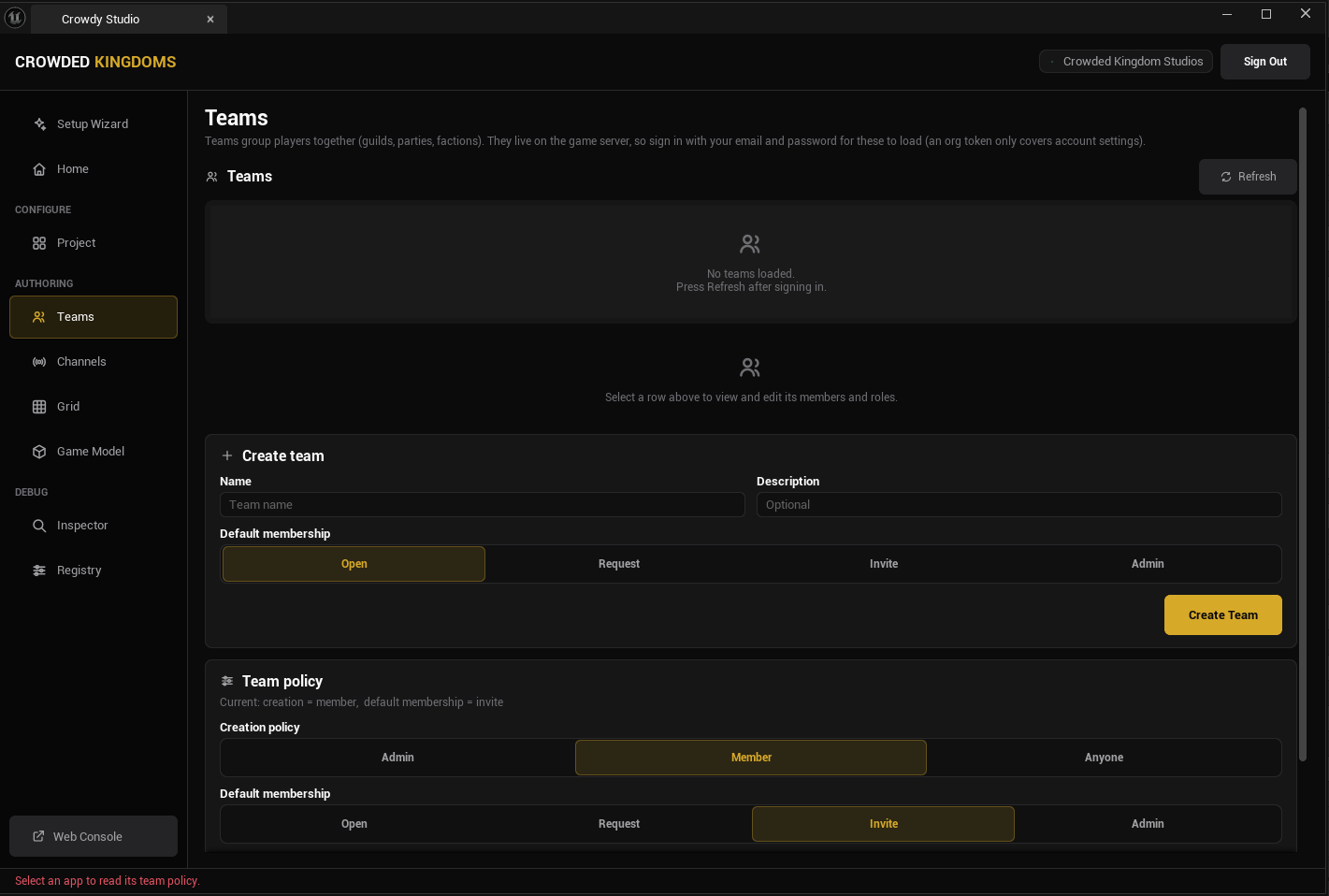 Crowdy Studio Teams page showing the team list and a detail panel
