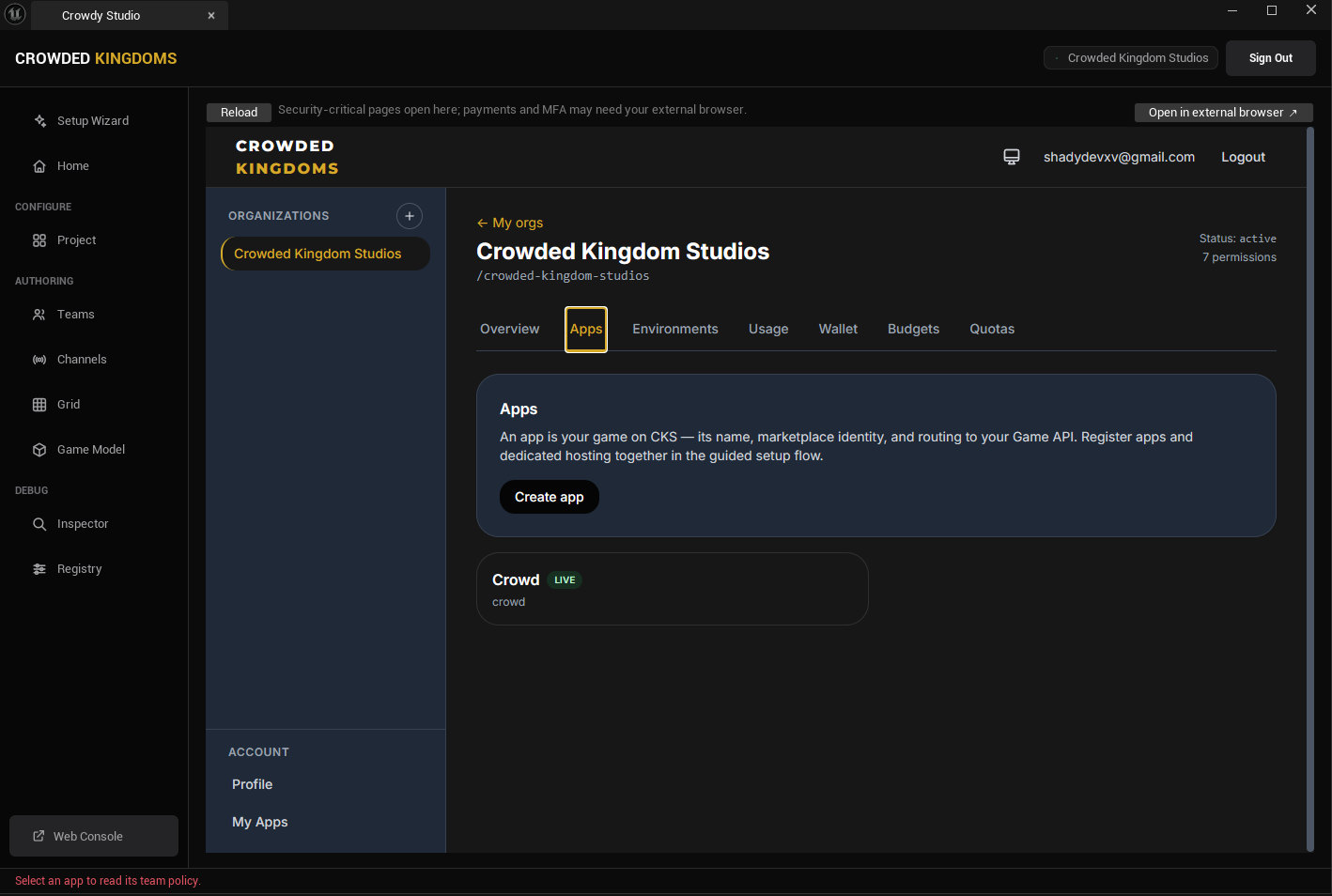 Web Console button opening admin surfaces in an embedded browser
