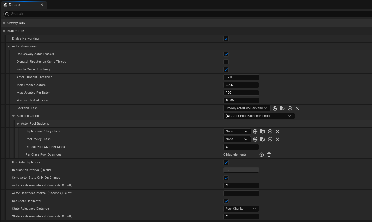 The map profile with Actor Management expanded and an Actor Pool Backend Config assigned: the tracker settings and the backend selection