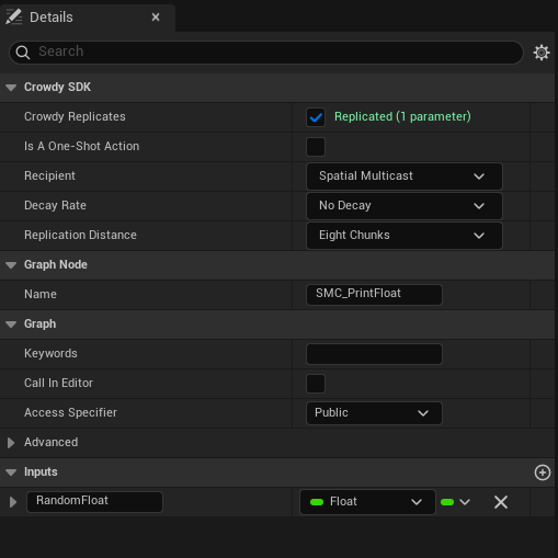 The Crowdy Replicates checkbox in a Custom Event's Details panel