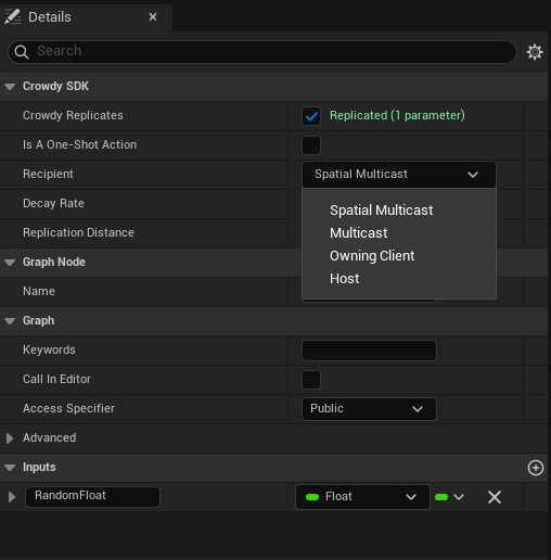 The Recipient dropdown on a replicated Custom Event