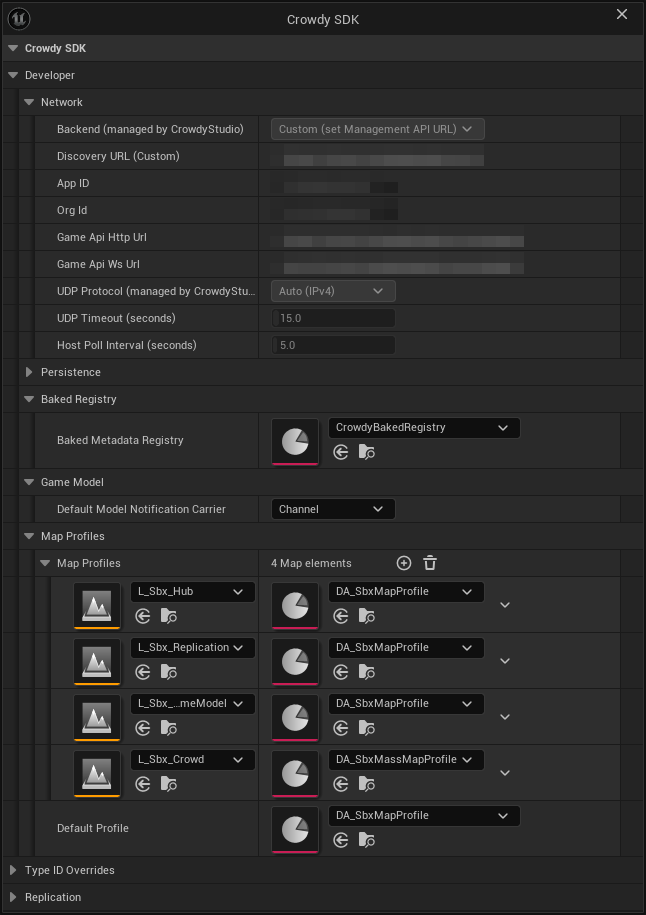 Project Settings, Plugins, Crowdy SDK after a sync: the network fields filled in and greyed out
