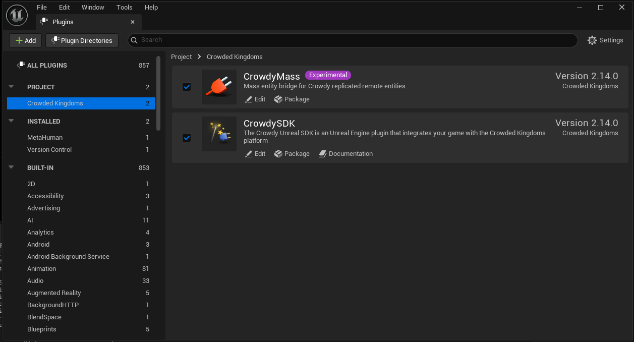 The Plugins window with CrowdySDK found and enabled