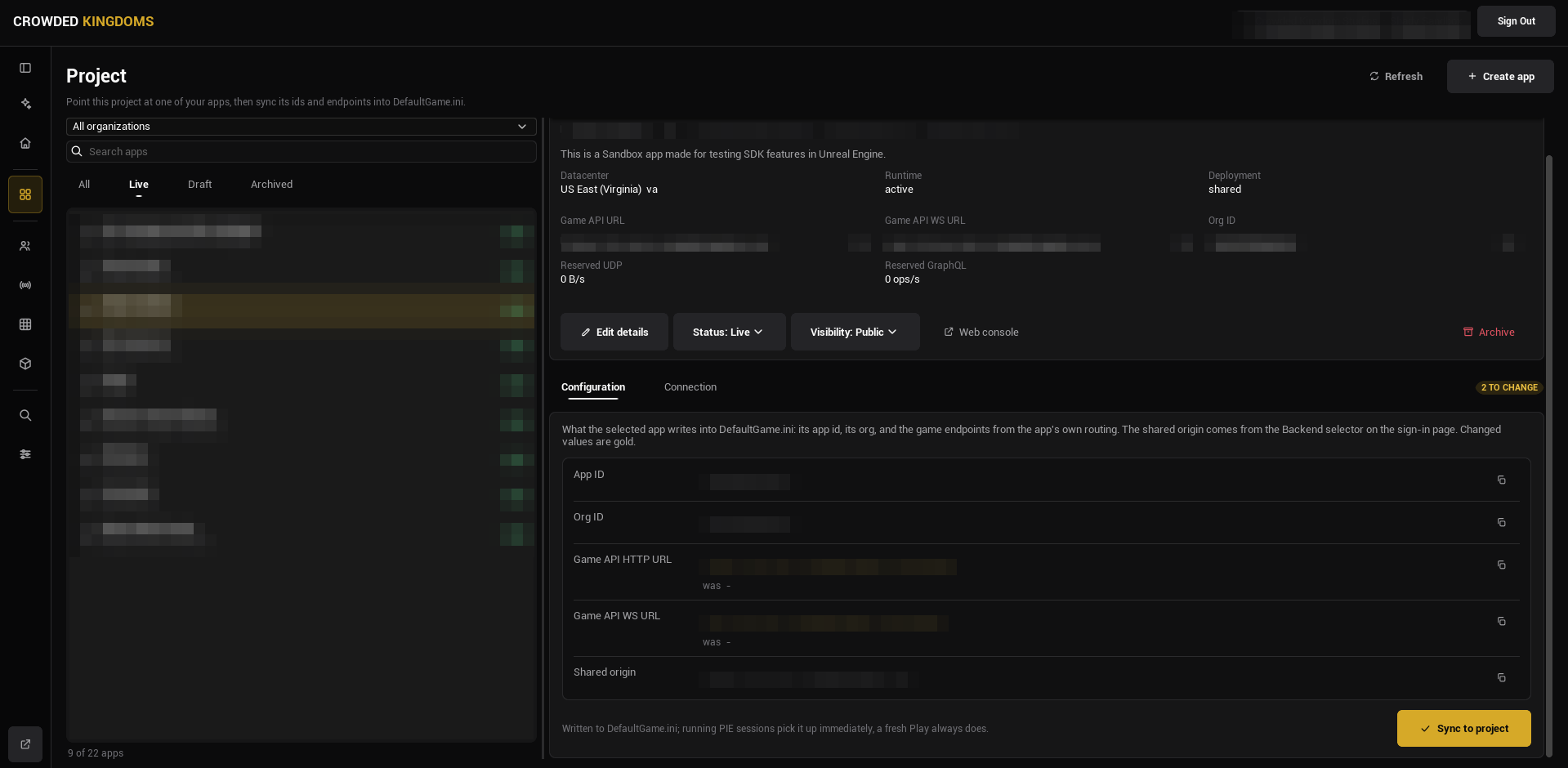 The Project page's Configuration tab, with the diff and the Sync to project button