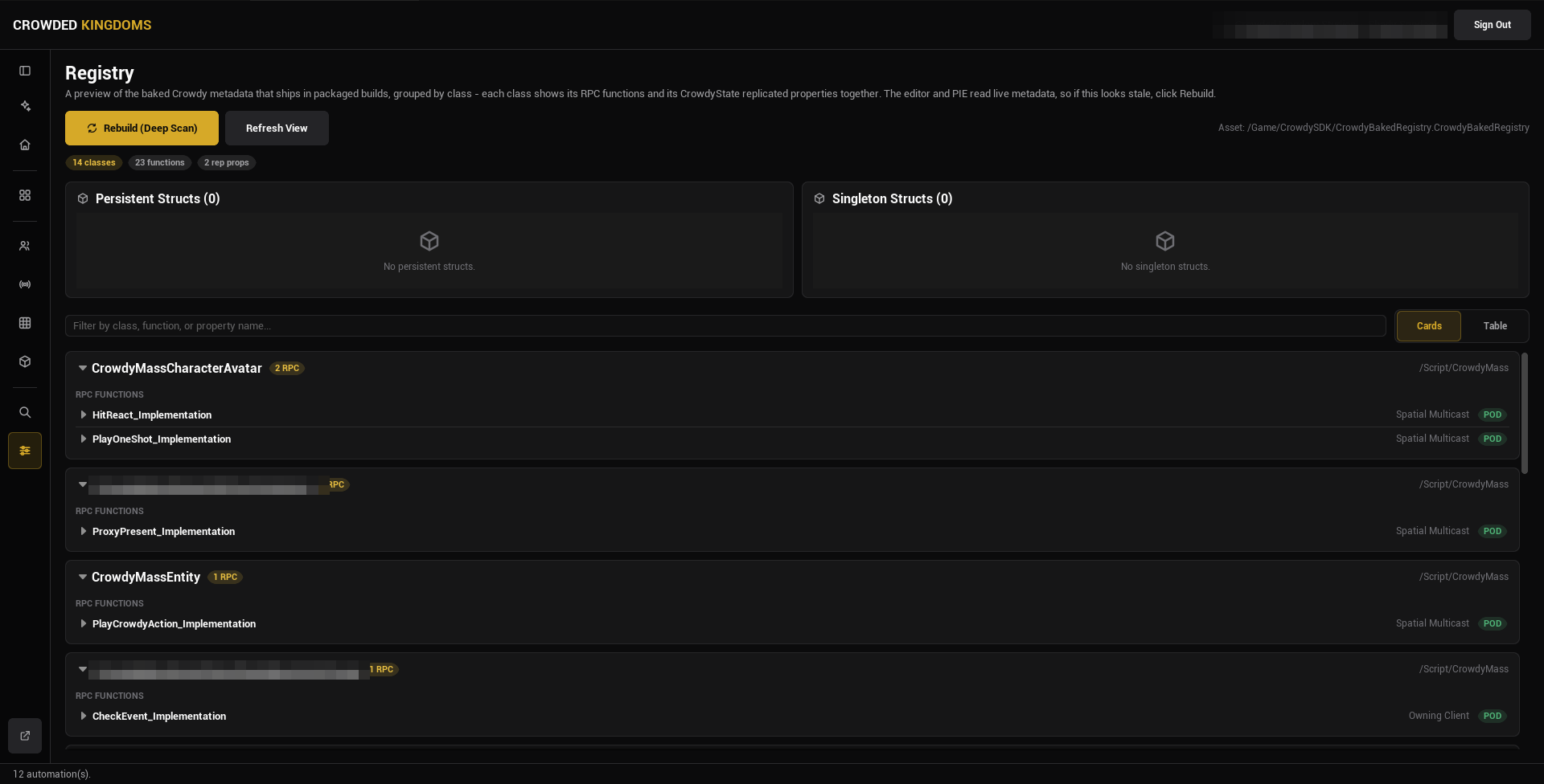 The Registry page: Rebuild (Deep Scan), Refresh View, the summary pills, and one card per class