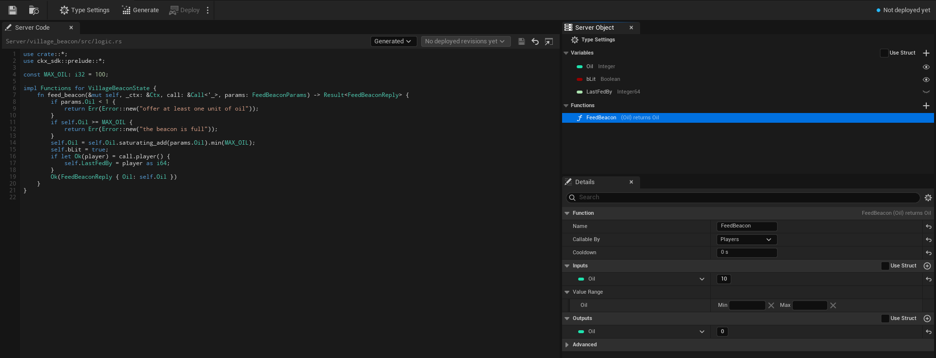 The CSO_VillageBeacon editor: Server Code on the left, the Server Object panel and Details on the right, Generate and Deploy in the toolbar