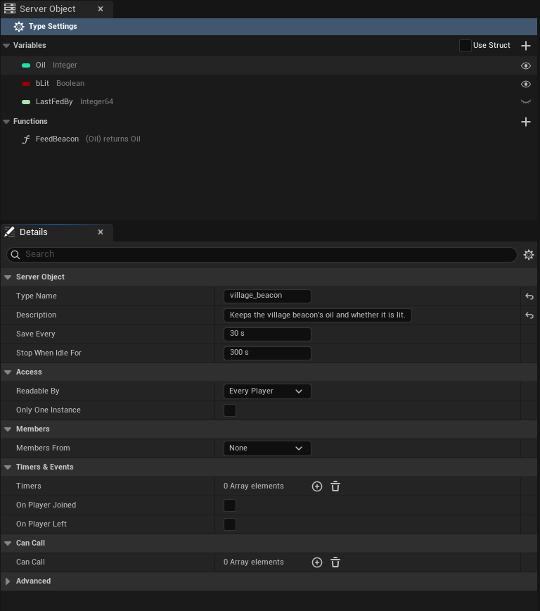 With Type Settings selected, Details shows Type Name, Description, Save Every, Stop When Idle For, Access, Members, Timers & Events and Can Call