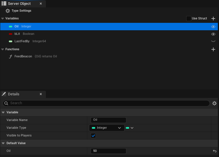 Oil selected: Variable Name, Variable Type, Visible to Players and its Default Value