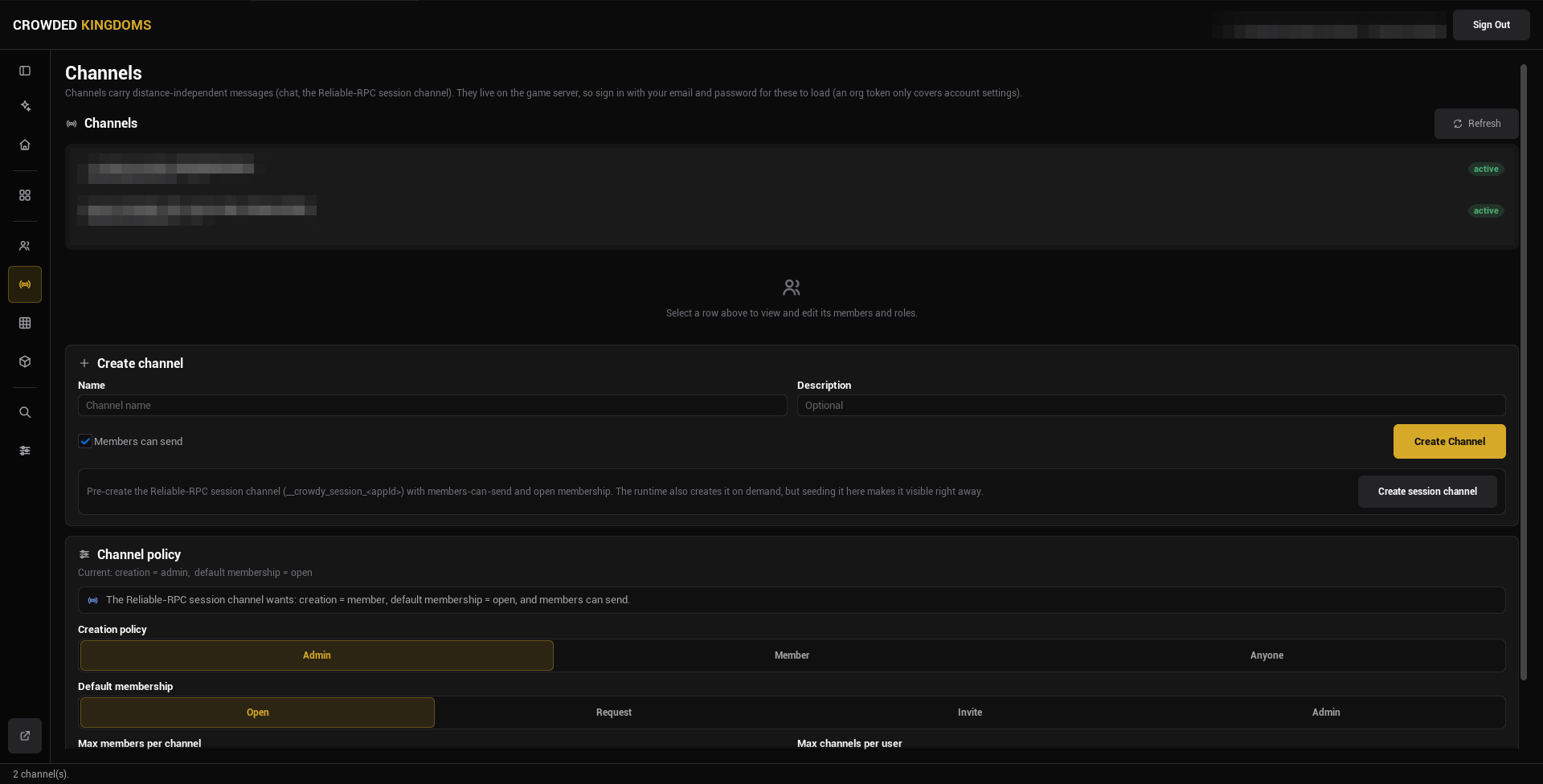 The Channels page: the channel list, the Create channel card, and the Channel policy card