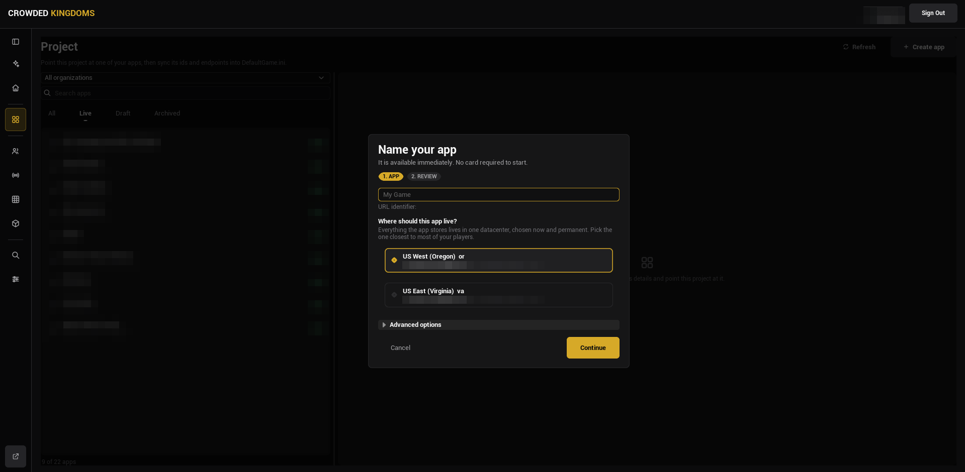 The Create app dialog, step 1: name, URL identifier preview, datacenter cards, advanced options
