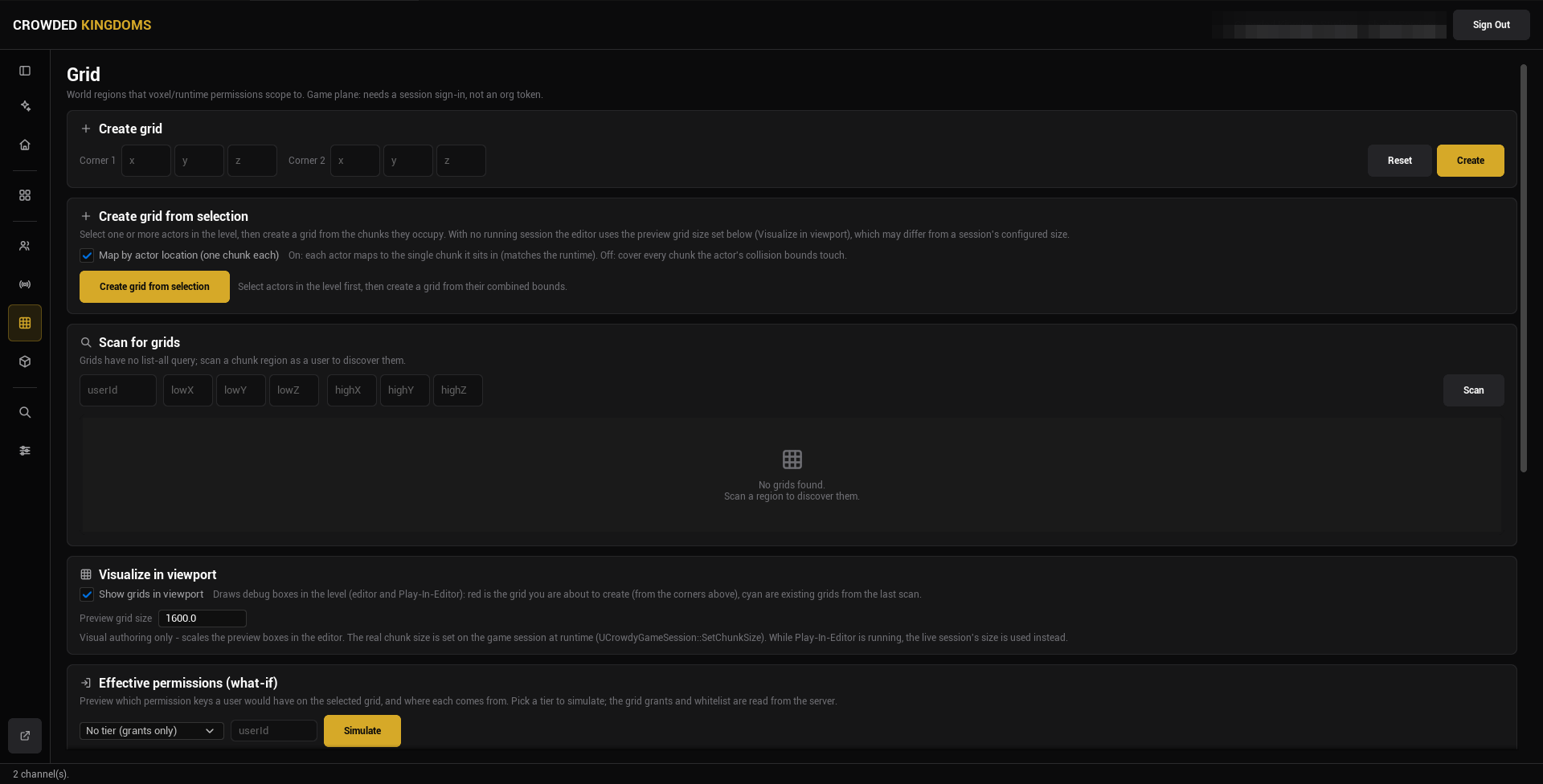 The Grid page: Create grid, Create grid from selection, Scan for grids, Visualize in viewport, and Effective permissions cards