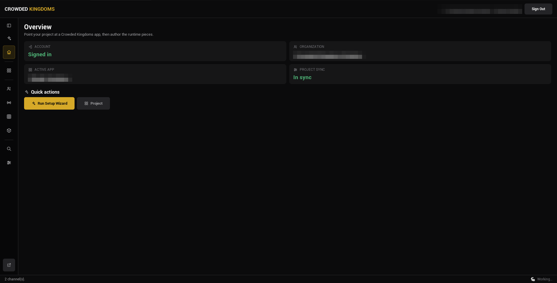 The Home page of Crowdy Studio: account, organization, active app, and project sync status cards