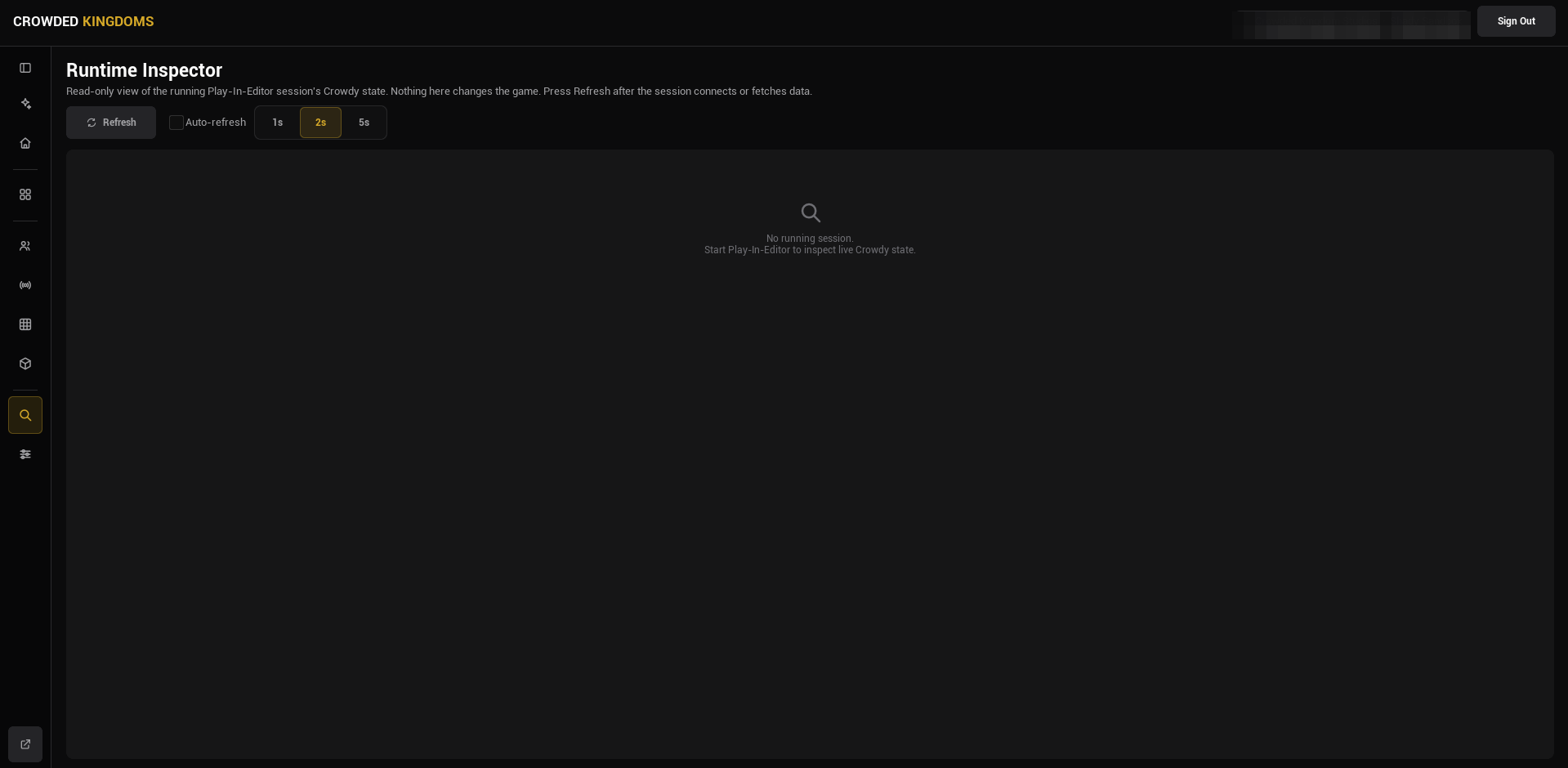 The Inspector page with no session running