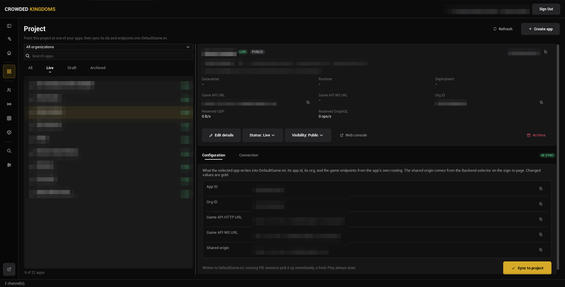 The Project page: organization filter and app list on the left, the selected app's details and Configuration tab on the right