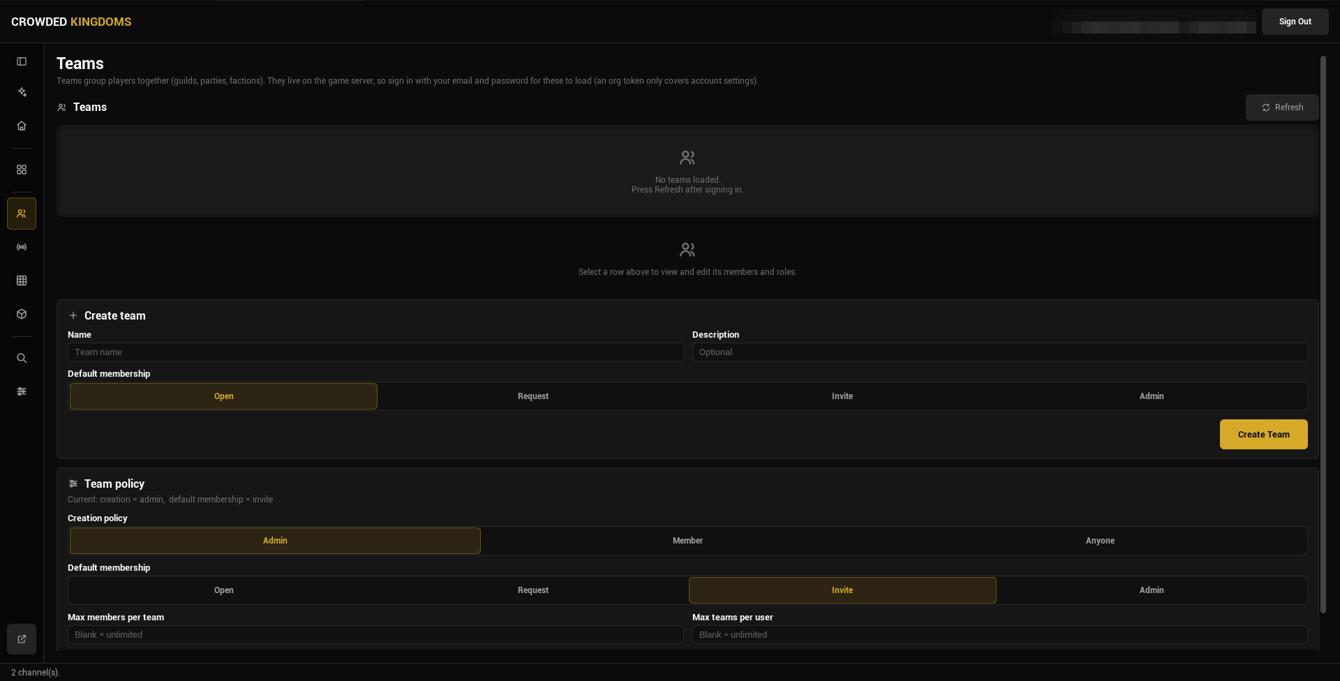 The Teams page: the team list with Refresh, the Create team card, and the Team policy card